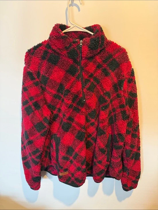 Simply Southern Cozy Red & Black Plaid Sherpa Half-Zip Jacket Size: XL