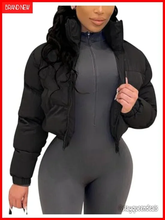Cropped Puffer Jacket Short Winter Warm Coat Padded Puffy Quilted Zip Up Stand