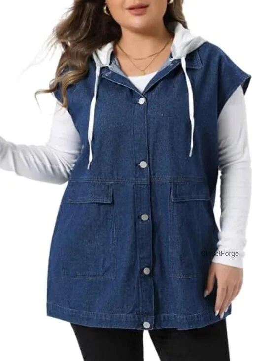 Sleeveless Denim Vest with Detachable Drawstring Hood Plus Size