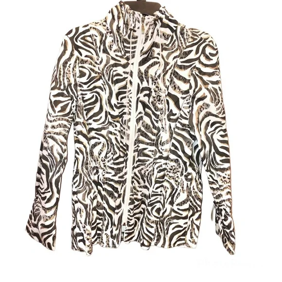 Chico’s Full Zip Funnel Neck Animal Print Zebra‎ Jacket White Black Size 2