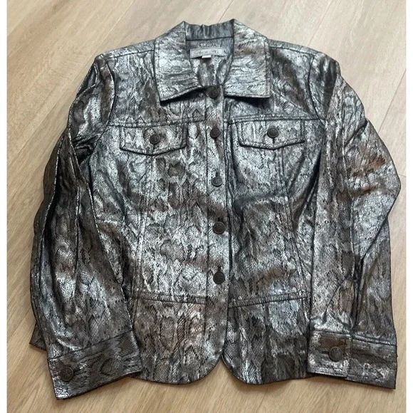 Vintage Birch Hill Trucker Jacket Metallic Snake Skin Women's Medium Silver Y2K