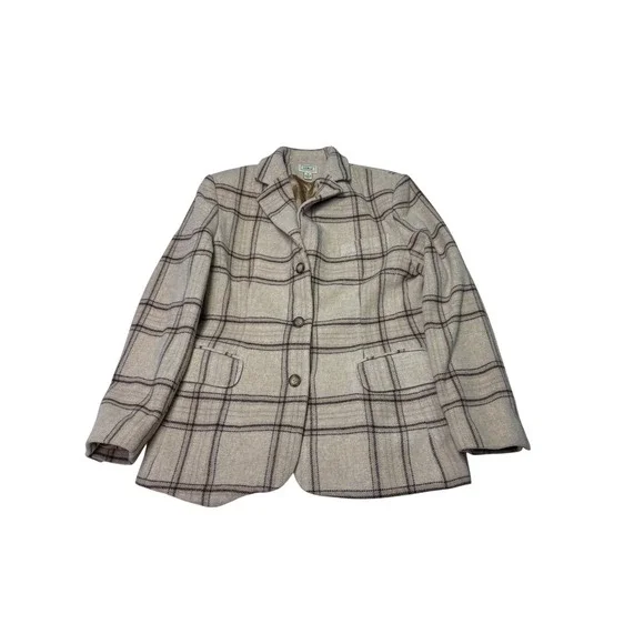 LL Bean Wool Cashmere Plaid Blazer Jacket Beige‎ Tan 10P Petite 0WL13