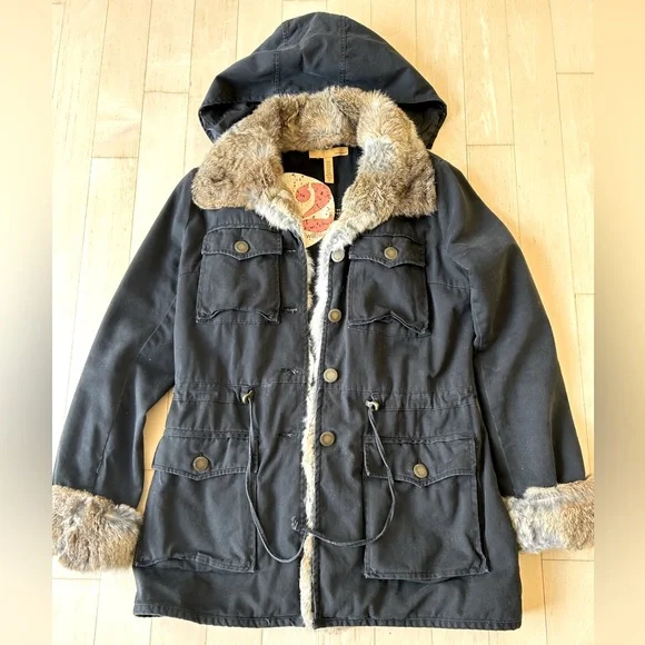 Twilltwentytwo Black Cotton/Canvas Coat with Faux Fur Trim - Detachable Hood, M