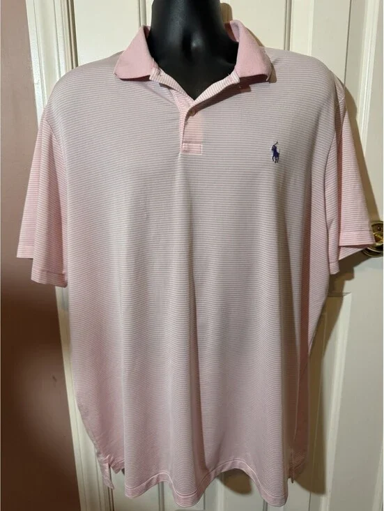 Ralph Lauren Performance Polo Shirt Mens XL Pink White Stripes Blue Pony