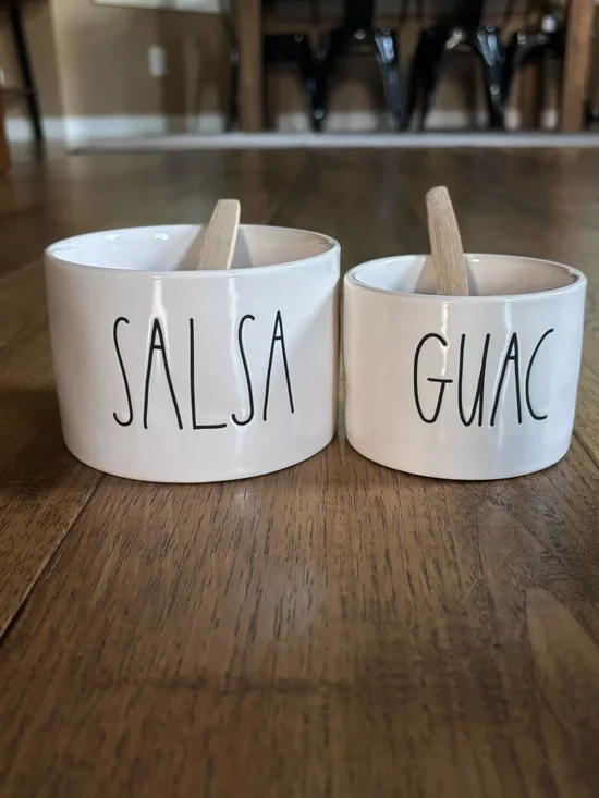 Ceramic Salsa & Guac Dip Bowl Set with Wooden Spoons - White