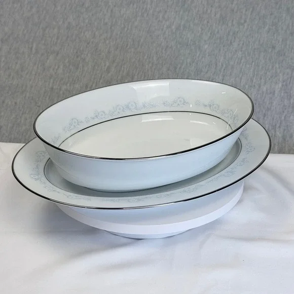 Noritake Fleurette 2226 Oval Vegetable Bowl and Underplate Set Blue Floral Japan