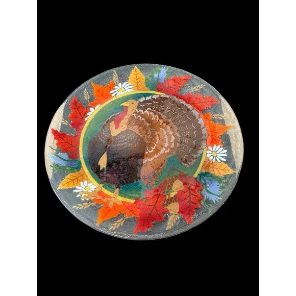 Signed Retired PEGGY KARR  14” Turkey Leaves Autumn Thanksgiving Round Platter