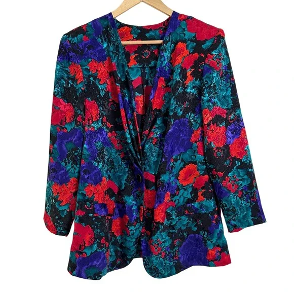 Vintage 80s Abstract Floral Blazer, Jewel‎ Tone Statement Jacket