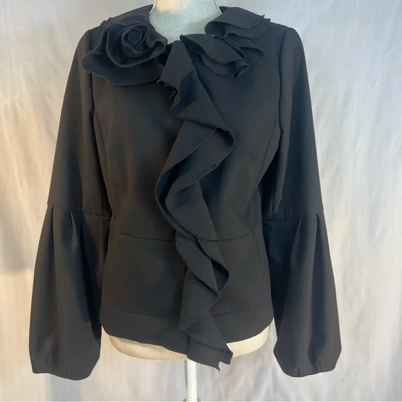 Magaschoni Collection Jacket Black Wool Blend Ruffle Collar & Bodice Pockets 8