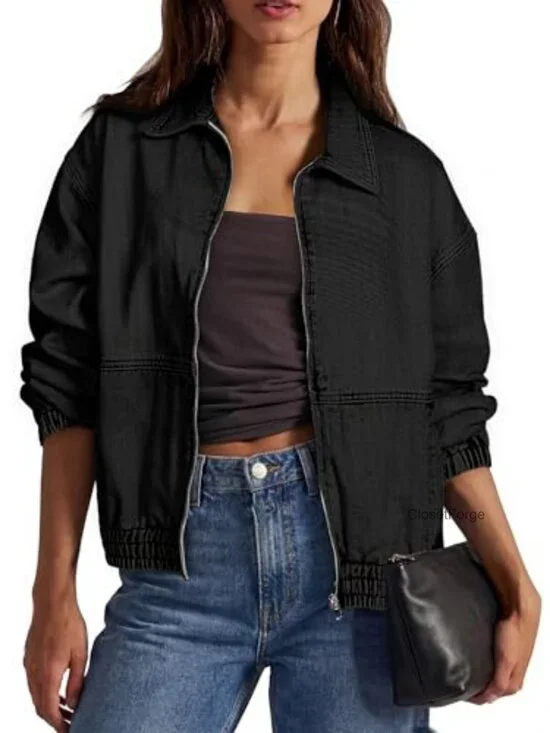 Oversized Denim Jacket Zip Up Long Sleeve Loose Fit Bomber Style