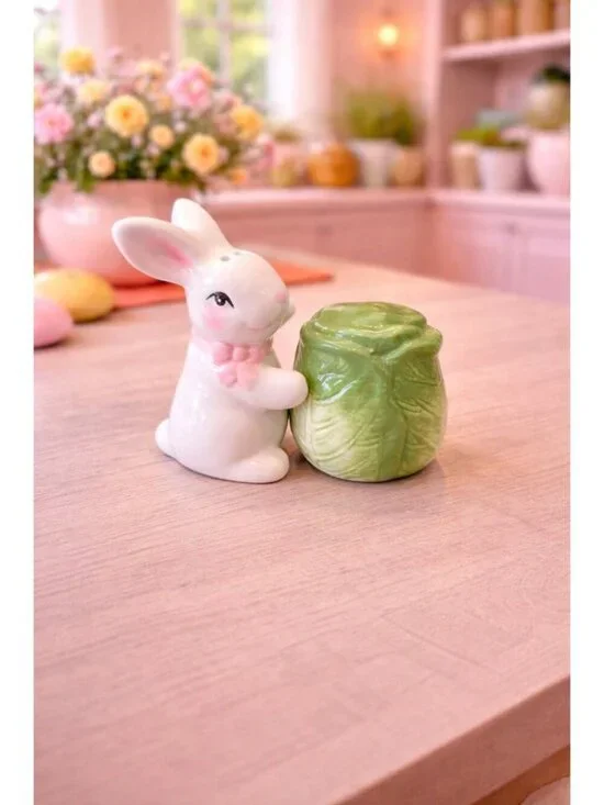 New Easter Bunny Holding Cabbage Salt & Pepper Shakers Party Dinning Set