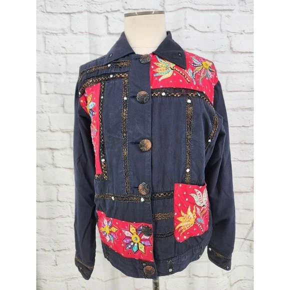 Vintage Sandy Starkman Boho Patchwork Jacket Whimsy Funky Hippie Floral Small