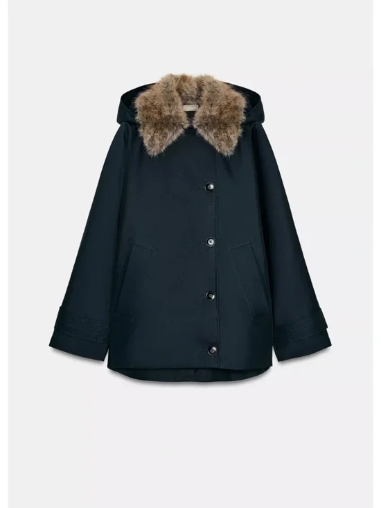 Zara Black Hooded Puffer Coat with Faux Fur Trim