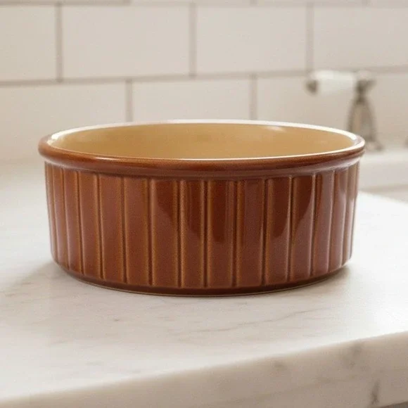 Sango Nova Brown Ribbed Casserole Dish #4933, Vintage Stoneware Bowl,‎ Tableware