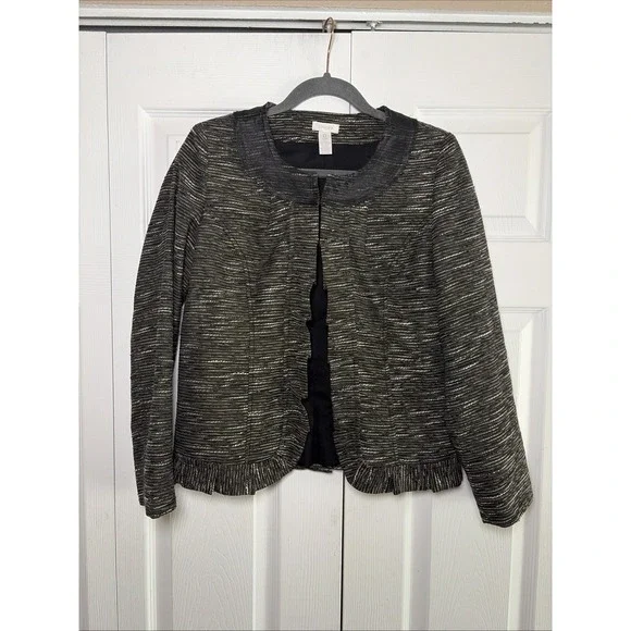 Chico's 0 Tweed Ruffle Hem Blazer Womens Size Small‎ Black Career Bolero Classic
