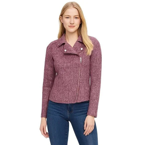 NWT White House Black Market Long Sleeve Boucle Moto Jacket Carmine 0