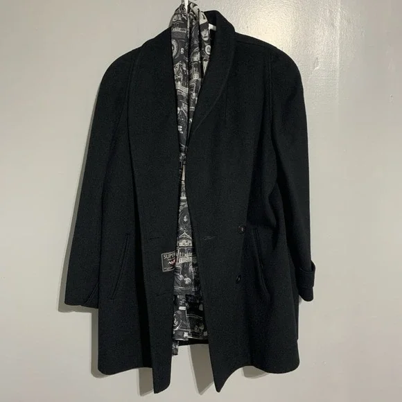 Vintage Alorna Lined Wool Double Breasted‎ Trench Pea Coat Womens L Black USA