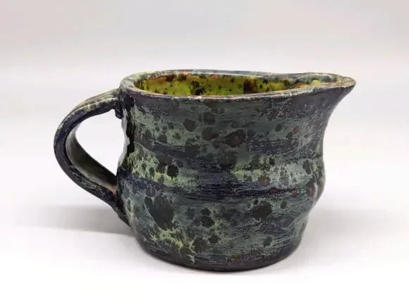 Clay Pottery Creamer Milk Pour Cup Jug Green Spot Glaze Home Accent Decor 3.5