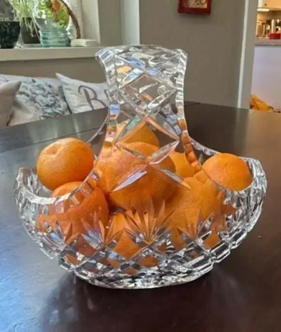 Vintage Cut Crystal Glass Basket with Starburst Pattern and Handle 8” Across