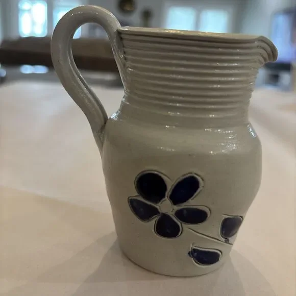 Salt Glaze Williamsburg Pottery Pitcher Cobalt Blue Floral Design Stamped