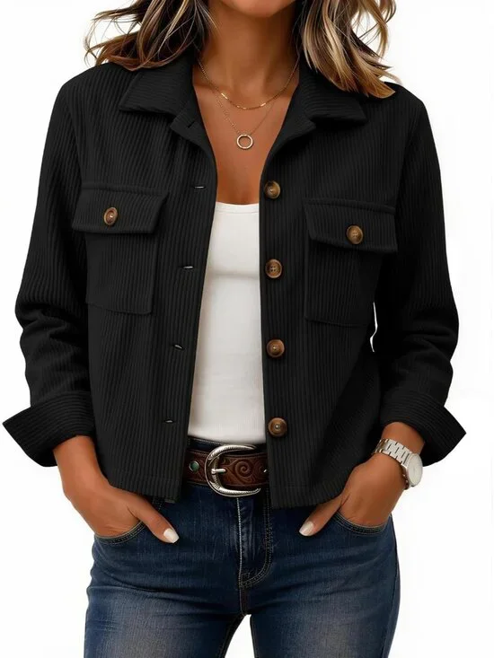 Women's Black Fashion Cropped Corduroy Button Down Long Sleeve Trendy Jacket