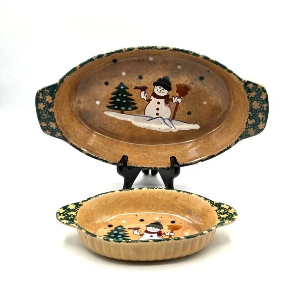 Country Snowman Stoneware Oval Casseroles Dishes - Set of 2 - Green Spongeware