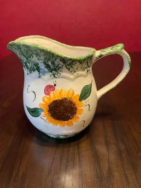 Hand-Painted Ceramic Sunflower and Ladybug Pitcher Signed Dot