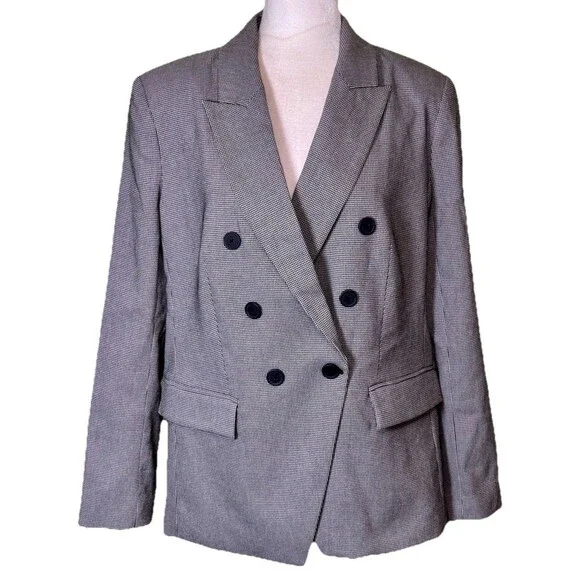 Women’s Double Breasted Blazer Gray Black‎ Micro Check Career Work Jacket Sz XL