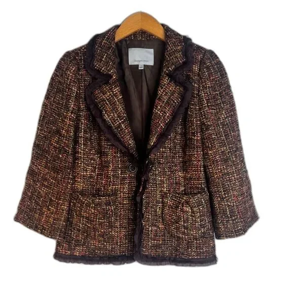 Classiques Entier Brown Tweed Wool Blend Ruffled Trim‎ Front Clasp Blazer Small