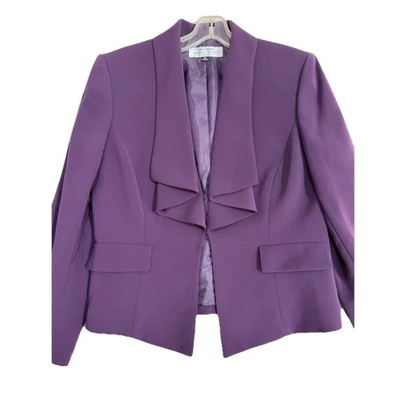 Tahari Arthur S Levine Purple‎ Blazer Women 10P Petite Ruffle Open Front