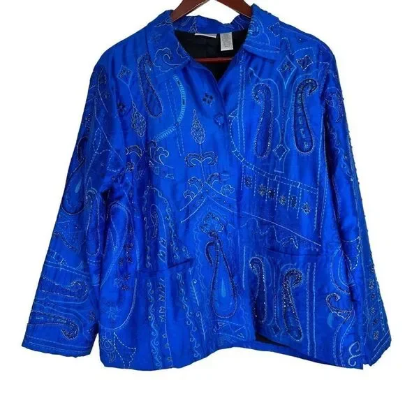 Vintage Chicos Silk‎ Embroidered Boho Blazer Jacket Large Cobalt Blue Satin Glam