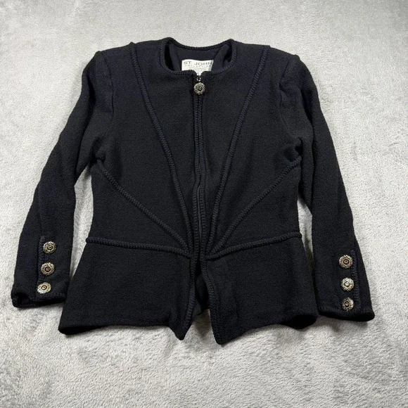 St John Collection Marie Gray Jacket Womens 6 Black Zip Front Knit Gold Buttons