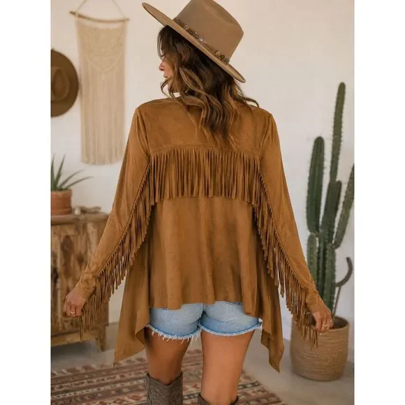 Western Fringe Faux Suede Open Front Cardigan |  Boho Cowgirl  Jacket | M