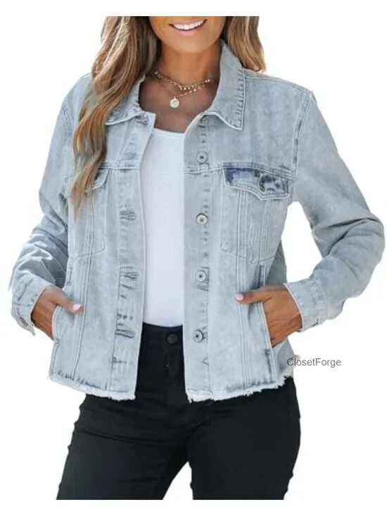 Cotton Button Down Long Sleeve Distressed Frayed Hem Trucker Denim Jacket with