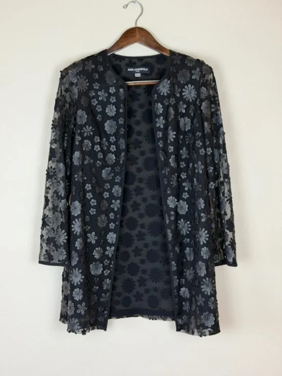 Karl Lagerfeld Paris Black Floral Appliqué Semi Sheer Open Evening Jacket Sz Med