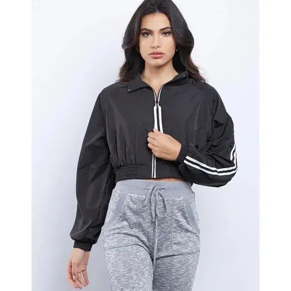 Women's Cropped Windbreaker Love Tree Lightweight and Breathable Jacket Black, L