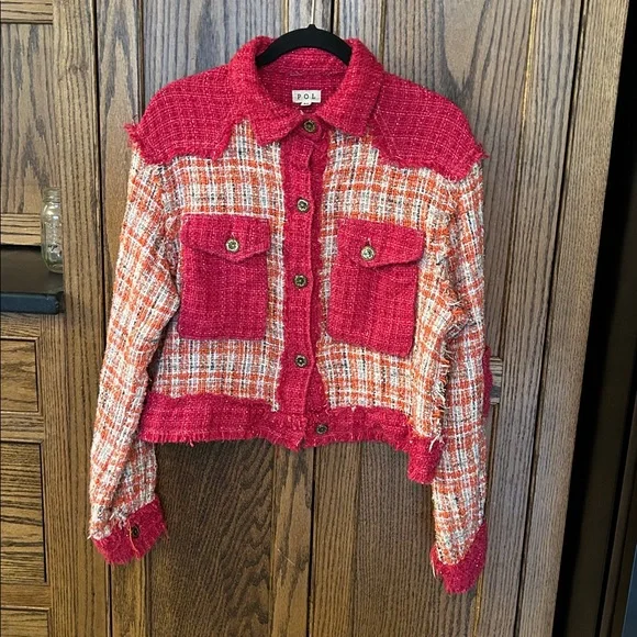 POL Pink Tweed Blazer Jacket Boxy Fit Orange Shacket‎ Medium