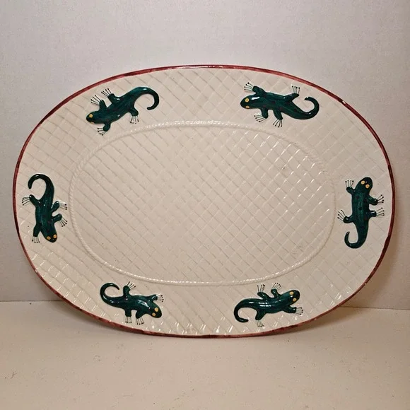Vintage 90s OCI Omnibus Lizard‎ Gecko Weave Ceramic Oval Serving Platter 13 Inch