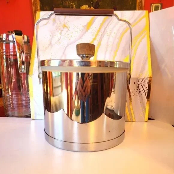Vintage Pristine Atapco Shiny Chrome Wood Handle/Top Ice Bucket USA '60s