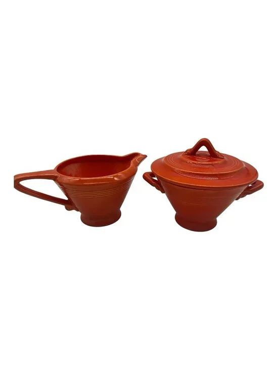 Homer Laughlin Harlequin Creamer and Lidded Sugar Bowl in a Red-Orange Glaze VTG