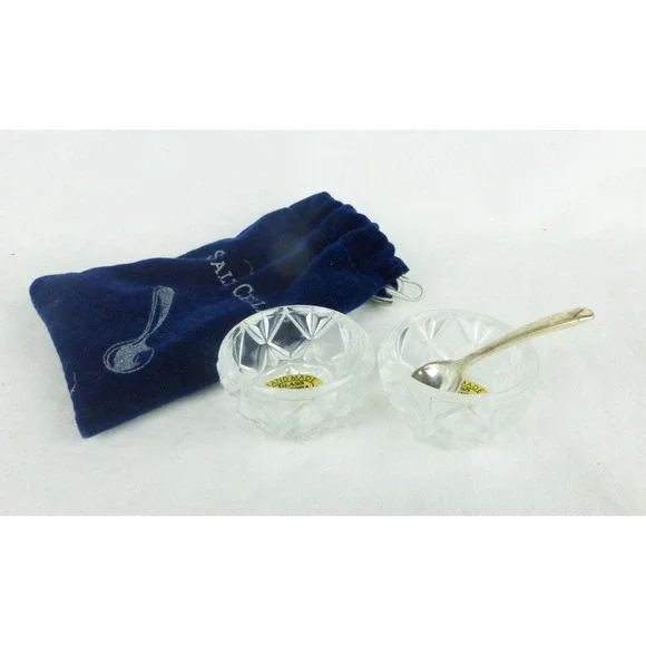 Vtg Salt Cellars w/spoons‎ handmade glass Bohemia Czech Republic set of 2