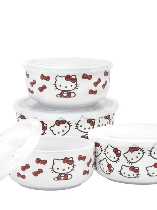 (6)Hello Kitty White Ceramic Bowls with Red Bows - Set