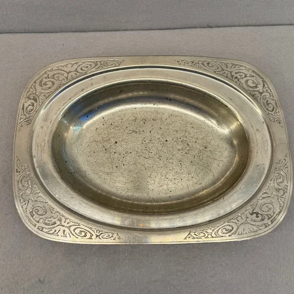 Mulholland Pewter Oval Dish‎ 1907 K Scrollwork Border Vintage Metalware Tray