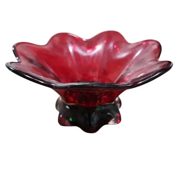 Vintage Red Green Art‎ Glass Pedestal Bowl Scalloped Rim Mid Century Style