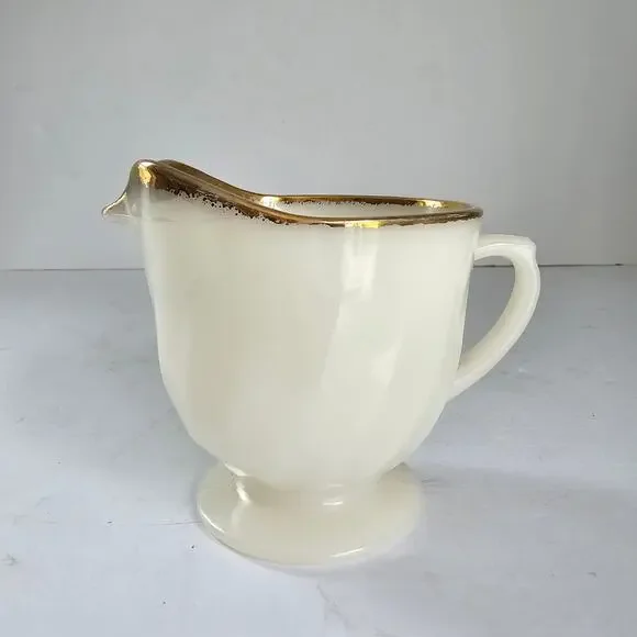 Vintage Fire King Creamer Golden Anniversary White Swirl Milk Glass Gold Rim MCM