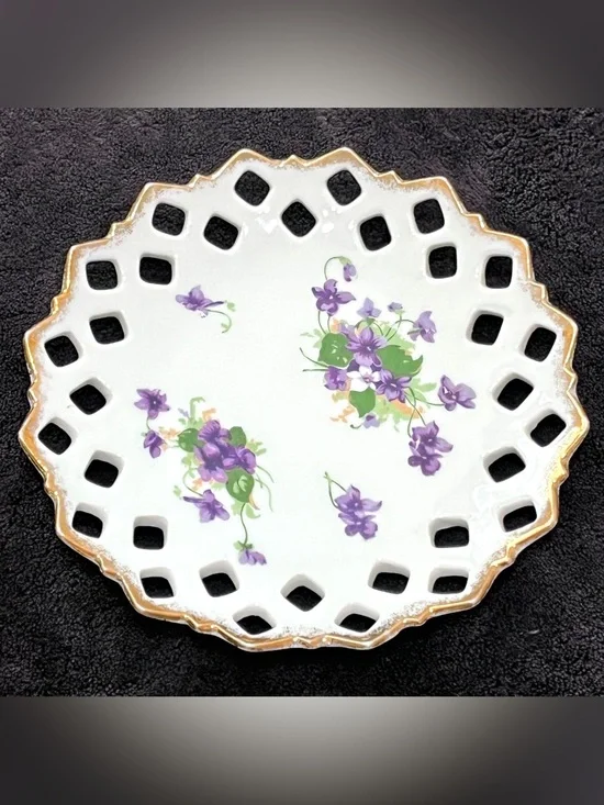 Vintage Fine China Reticulated Sweet Violet Plate Pierced Rim Gold Trim
