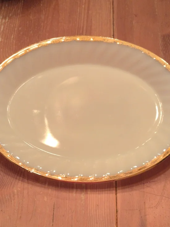 VTG Fire King Elegant White Ceramic Serving Platter with Gold Trim Made In USA