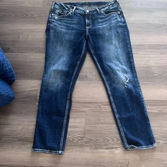 Silver Jeans Women's Straight Leg Dark Blue Distressed Jeans