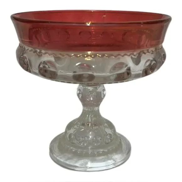 King's Crown Ruby Red Glass Thumbprint Footed Bowl Candy Dish Vintage