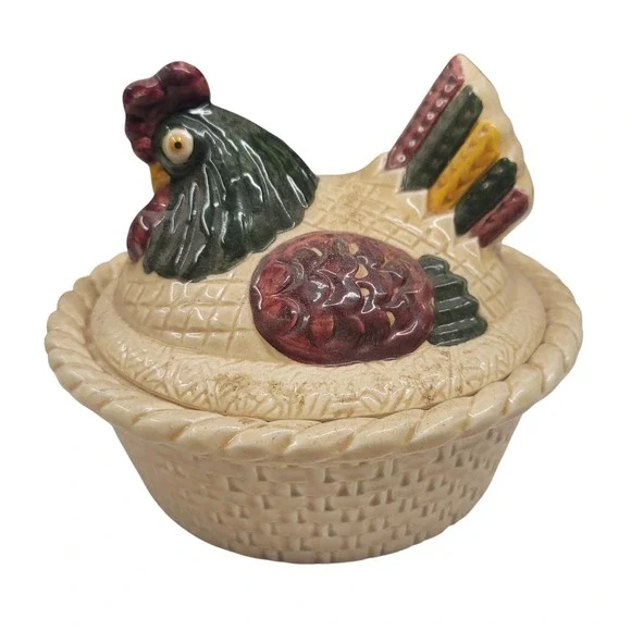 Vintage Ceramic Chicken Hen Nest Covered Candy Dish Collectible Farmhouse‎ Decor